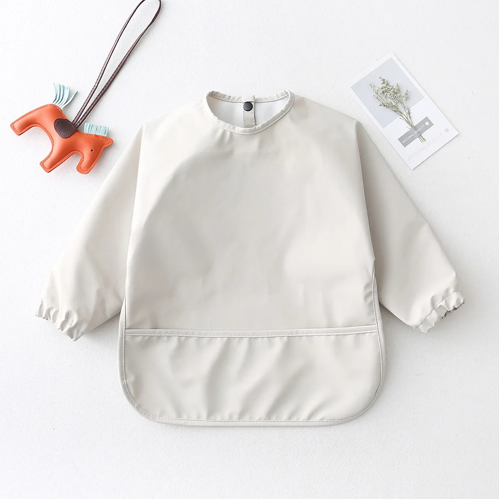 Solid Color Kids Baby Feeding Bibs Waterproof Long Sleeve Apron with Pocket Toddler Burp Cloth Boys Girls Anti-dirty Art Smock 250408