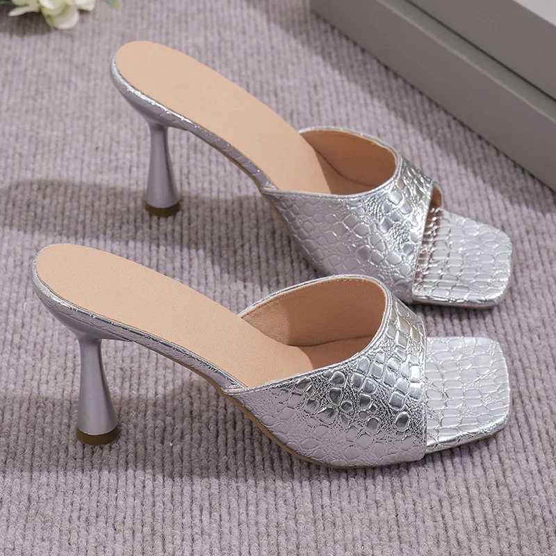 Luxury Gold Sier High Heels Sandals Womens 2025 Slip Square Toe Summer Slippers Womens Large 43 Thin High Heels Party ShoesXJ250407