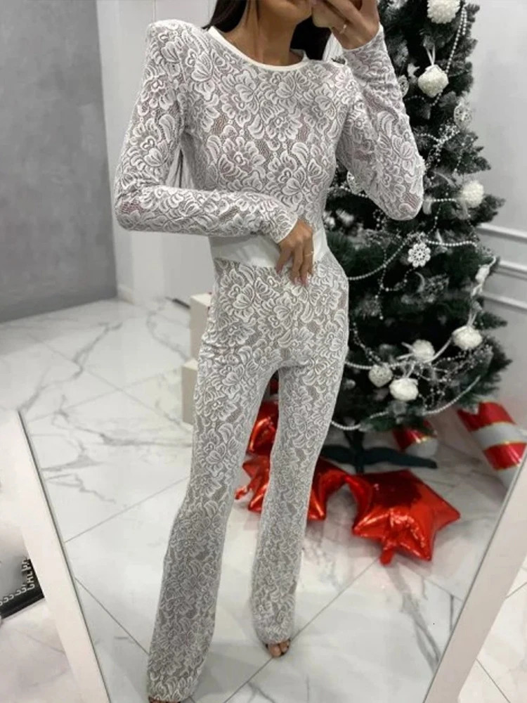 Mozision Lace Print Long Sleeve Jumpsuits Women Overalls Fashion Autumn Winter Two Layer O Neck Slim Fit Sexy Jumpsuits 250407