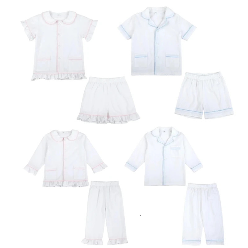 Spring Summer Children Pajamas Sets Baby Girls Boys Homewear Sibling Outfits White Seersucker Soft Kids Long Sleeve Pyjamas Set 250407