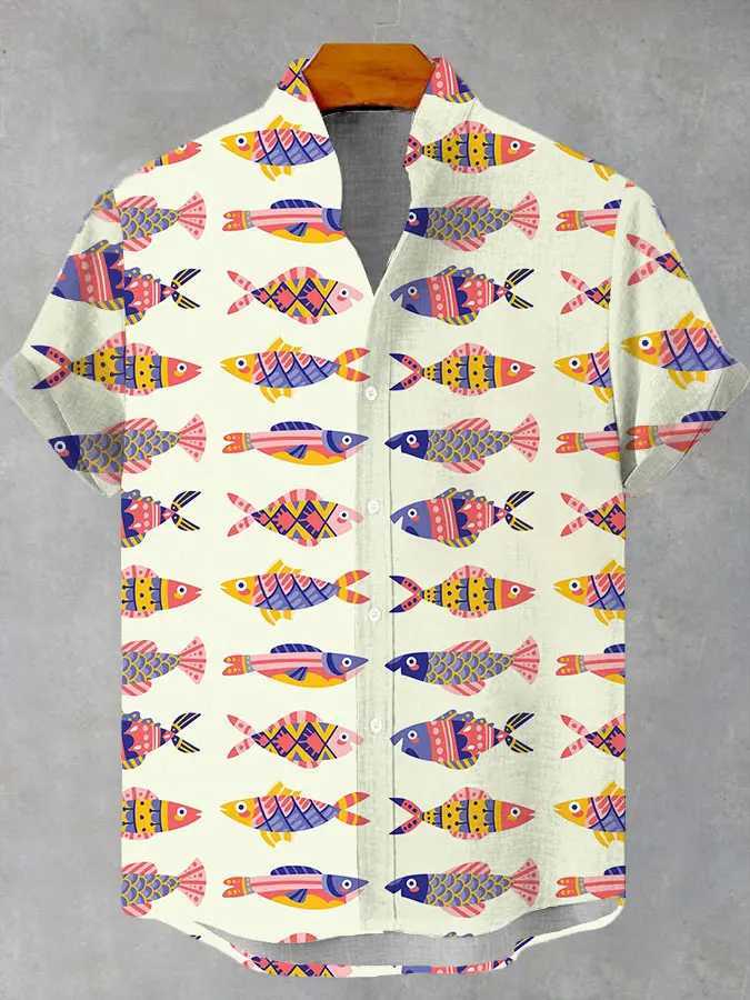 Mens casual ocean lifestyle graphic short sleeved shirt button up collar shirt oversized top casual Hawaiian mens shirtXJ250407