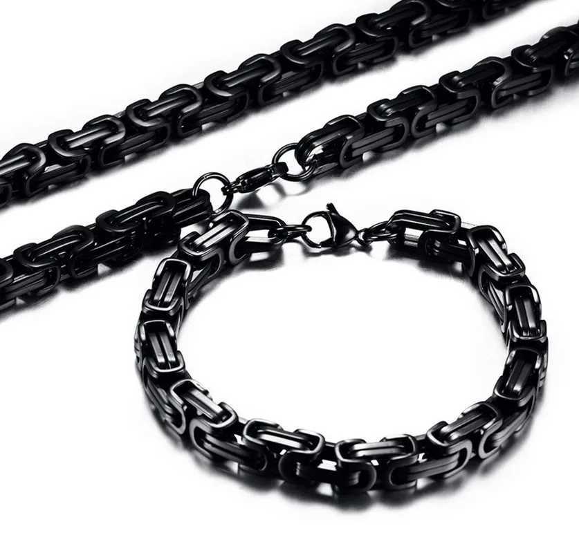 Stainless steel Byzantine chain woven chain necklace bracelet set for mens bicycle punk hip-hop rock jewelry accessories Y250408