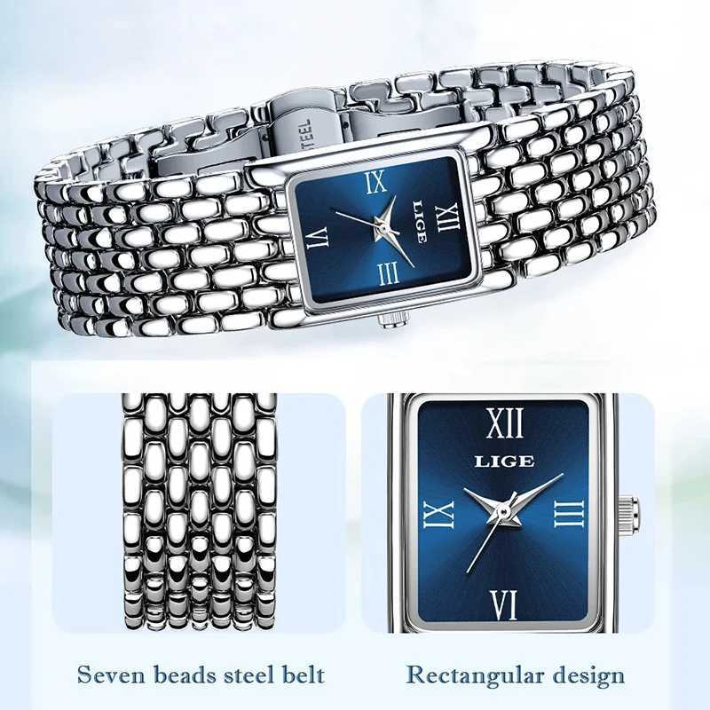 Lige Silver Watch for Women Square Ladies Quartz Watch Stainless Steel Womens Small Gold Watch Luxury Leisure Fashion WatchT250408