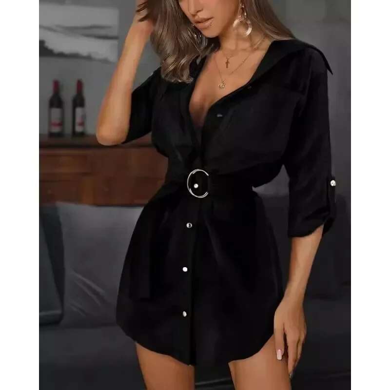 New European And American Lace Cardigan Solid Color Rolled Up Sleeve Shirt Dress Versatile Yet Fashionable