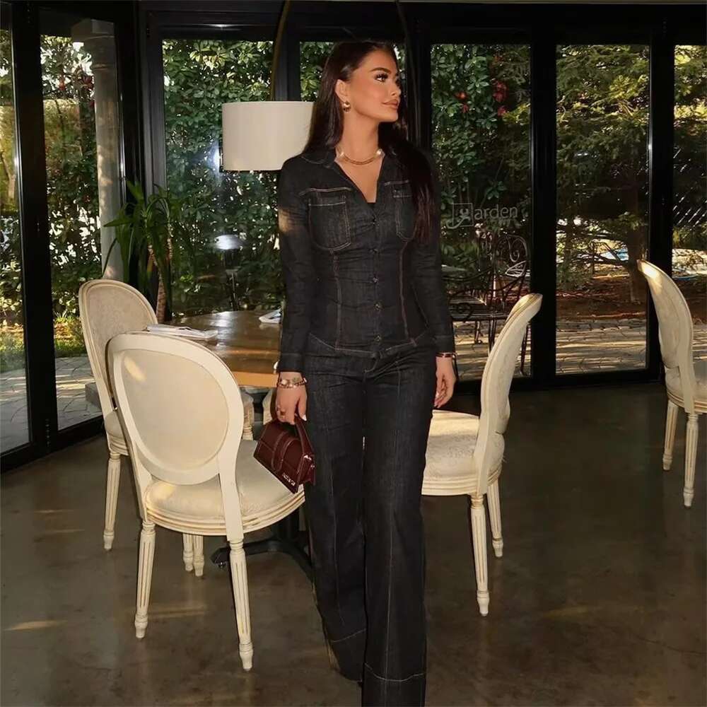 UNIZERA Slim Fit Long Sleeved Collar Shirt With Flared Denim Pants Set For Spring New Women's Clothing