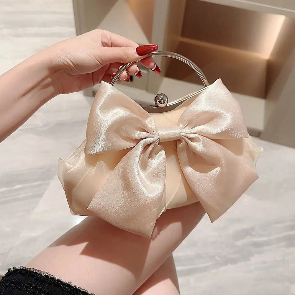 Golden silk bow evening bag for womens elegant and fashionable banquet clutch chain shoulder bag wallet for womens party handbag 250402
