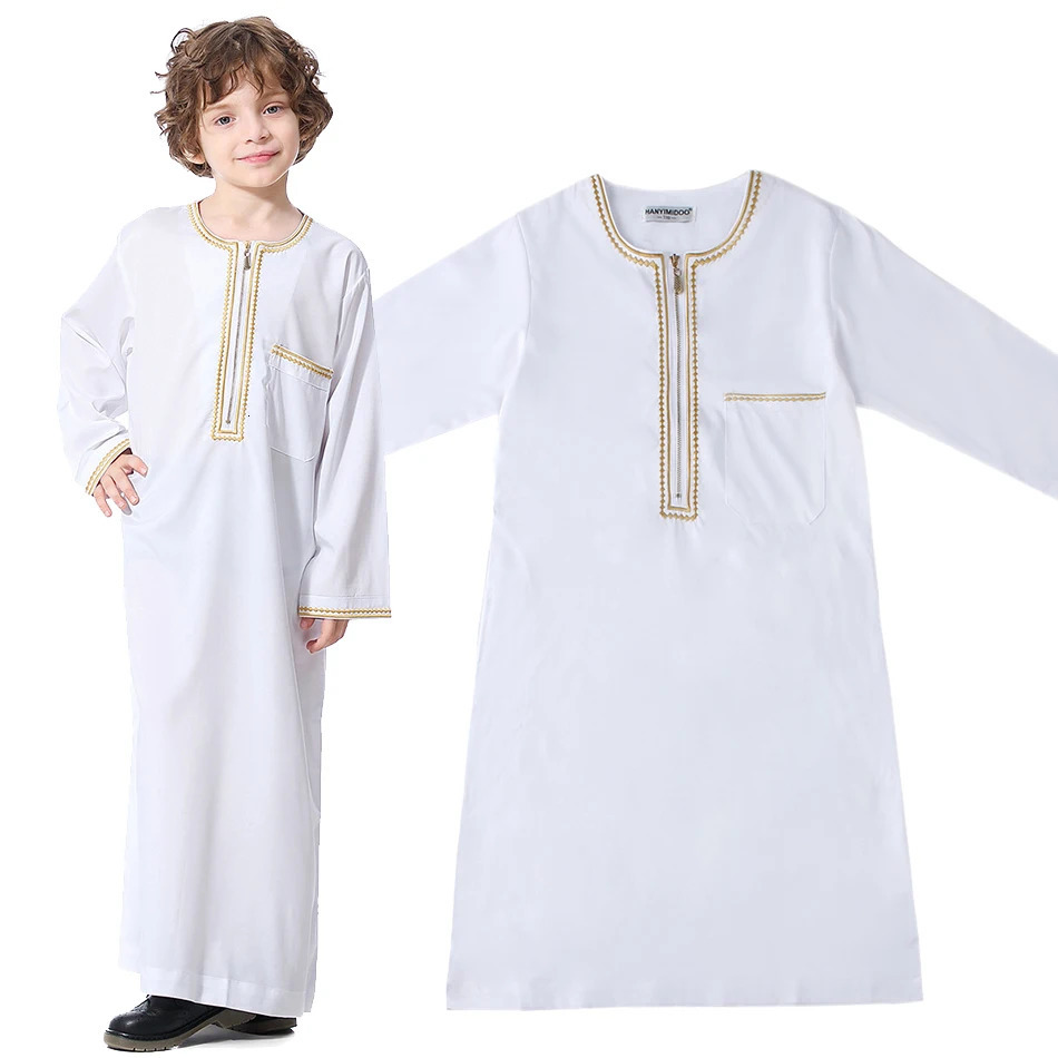 Children Thawb Teens Summer Muslim Robe Kids Arab Folk Clothes Boys Solid Color Thobe 5-14 Years National Outfit 250407