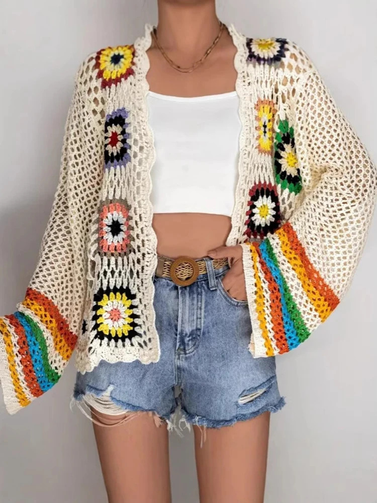 EVNISI Women Vintage Boho Long Sleeves Cardigan Chic Floral Hollow Knitted Shirt Casual Beach Vacation Women Cardigan Coat 250408