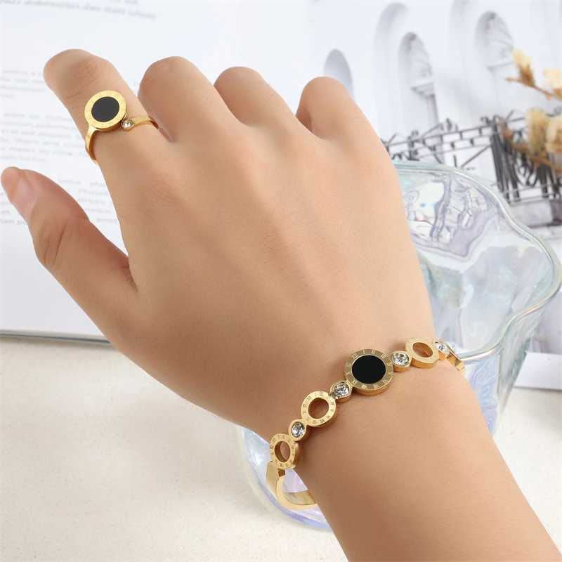 ZAKOL 2-piece Womens Fashion Bracelet Ring Black Acrylic Roman Digital Stainless Steel Couple Bracelet Jewelry Set Gift Y250408