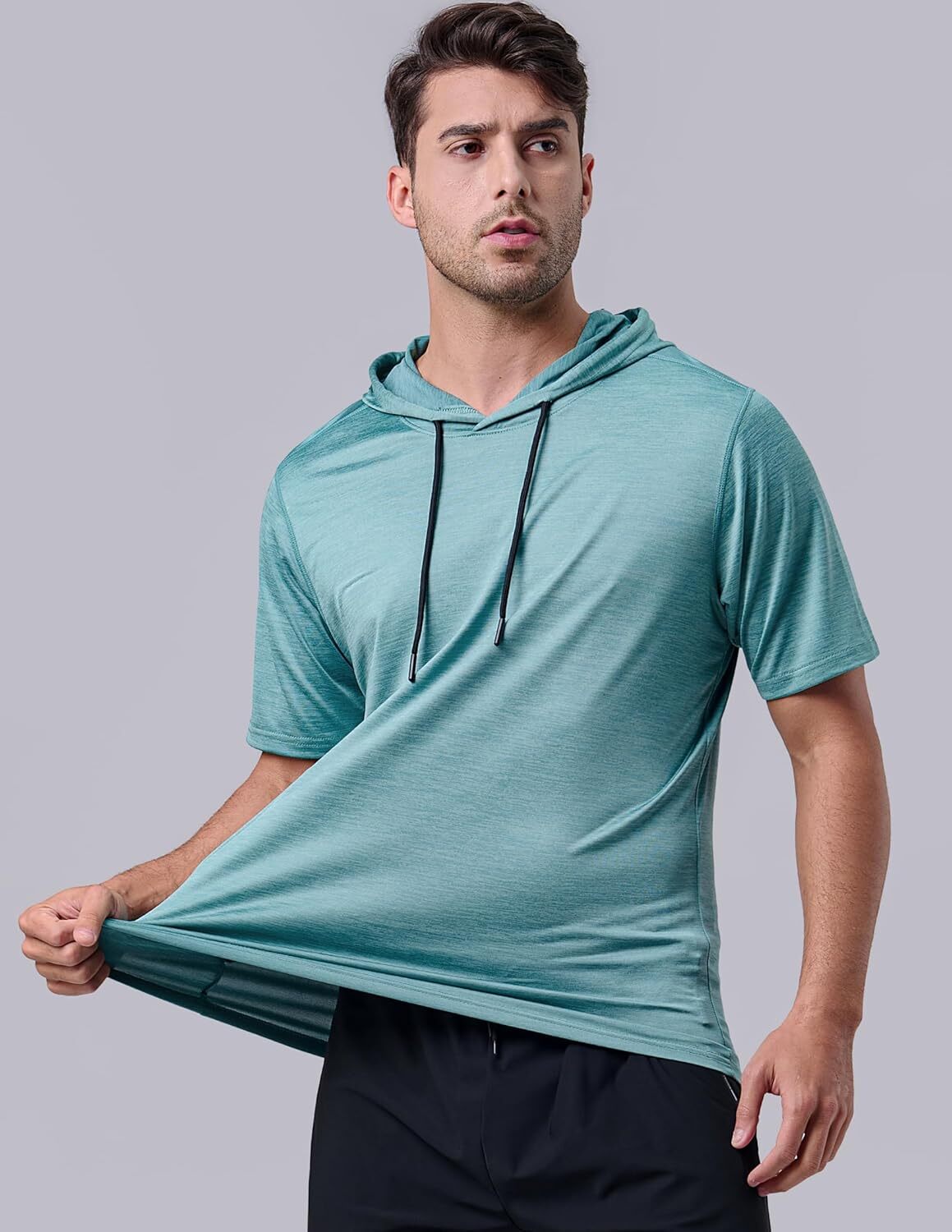 3-piece set: Men's lightweight short sleeved exercise hoodie, sports dry hooded T-shirt, suitable for running in the gym