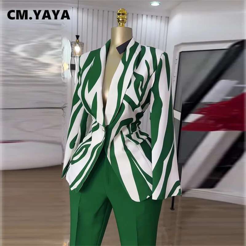 Cm.Yaya Fashion Women's Set Striped Long Sleeve Blazer Top And Straight Pants Suit 2025 OL Chic Two 2Piece Sets Outfit Tracksuit