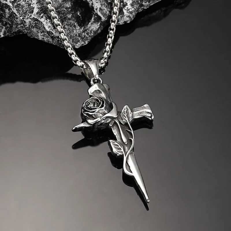 1Pcs Vintage Rose Cross Pendant Necklace For Women Men Stainless Steel Chain Punk Goth Trendy Accessories Choker Gothic JewelryC250407