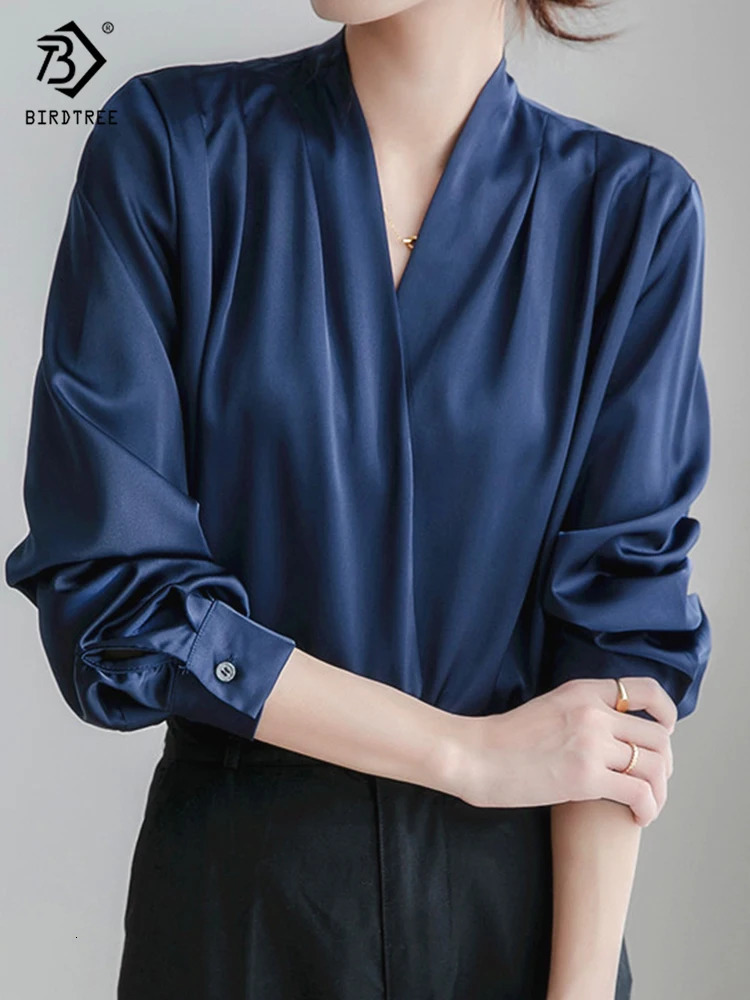 Spring Womens Elegant Satin Shirt Lantern Sleeve V-neck Office Navy Blue Shirt Retro Autumn Casual Top T24401X 250402