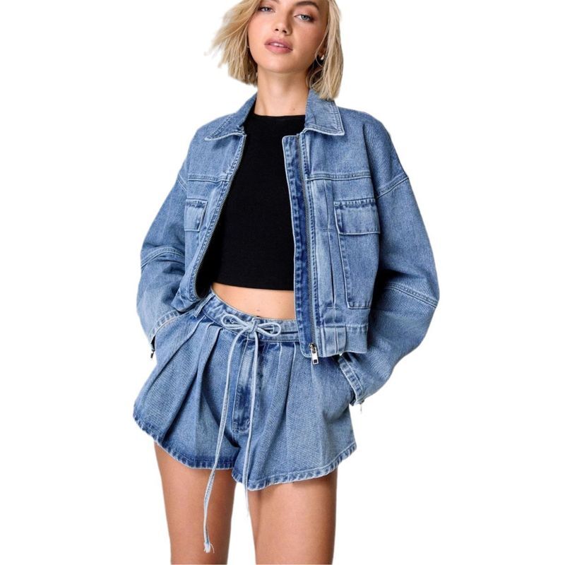 Womens Clothing Spring New Long Sleeve Denim Jacket Women's Loose Casual Multi Pocket Workwear Shorts Set