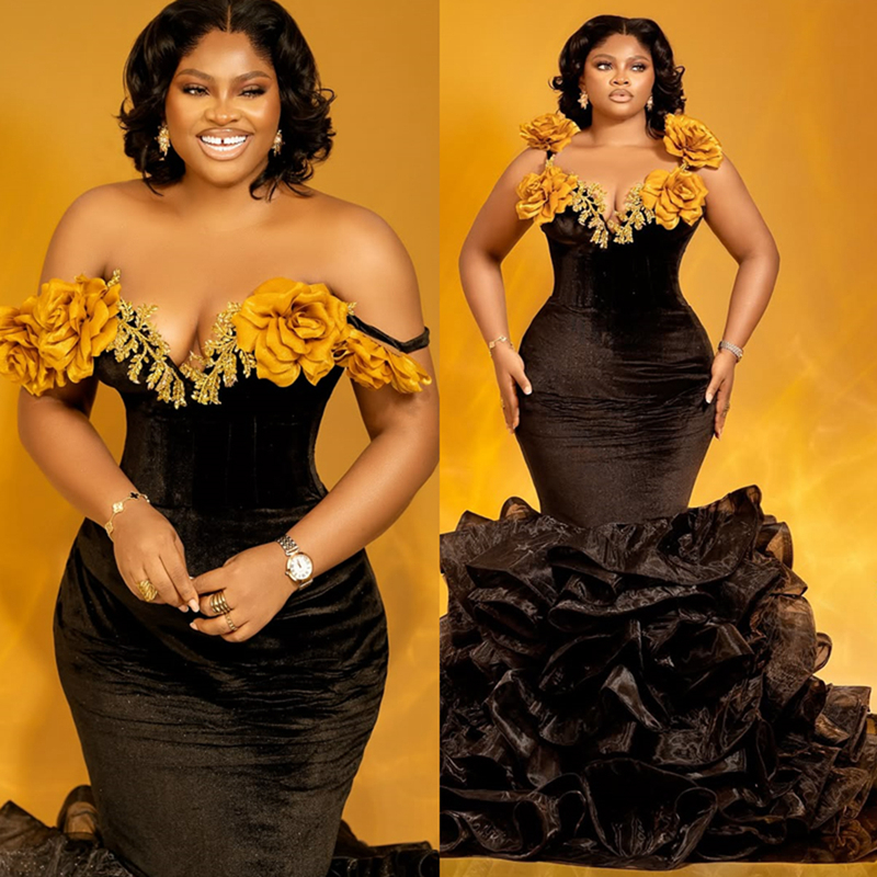 2025 Plus Size Black Prom Dress Mermaid Prom Dresses Evening Formal Gowns Off Shoulder Tiered Tulle Beaded Lace Birthday Second Reception Gowns For Wo
