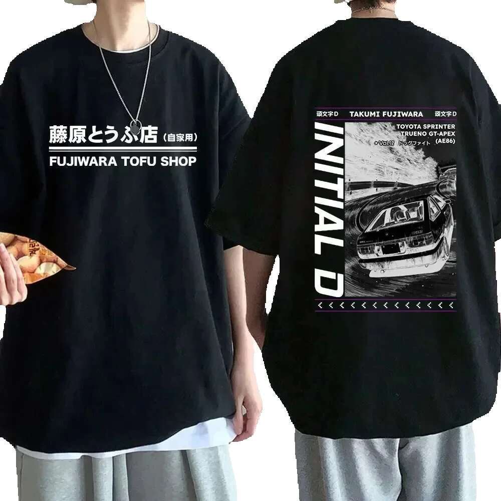 Anime Drift AE86 Initial D Double sided Round Neck Short Sleeve Summer Casual Unisex R34 Horizon GTR JDM Manga T-shirt