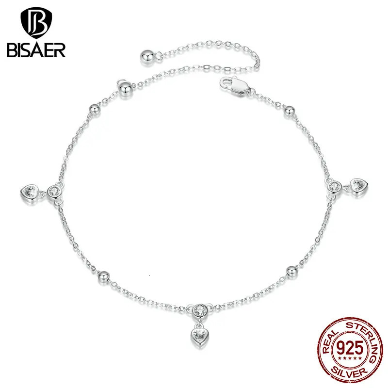 BISAER 925 Sterling Silver Heart Fringe Anklets Adjustable Chain Anklets Plated White Gold For Women Party Fine Jewelry Holiday 250403
