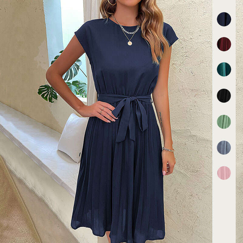 Hot selg popular European and American versatile simple explosive summer lace up solid color pleated dress, 2025 new casual fashion trend clothing