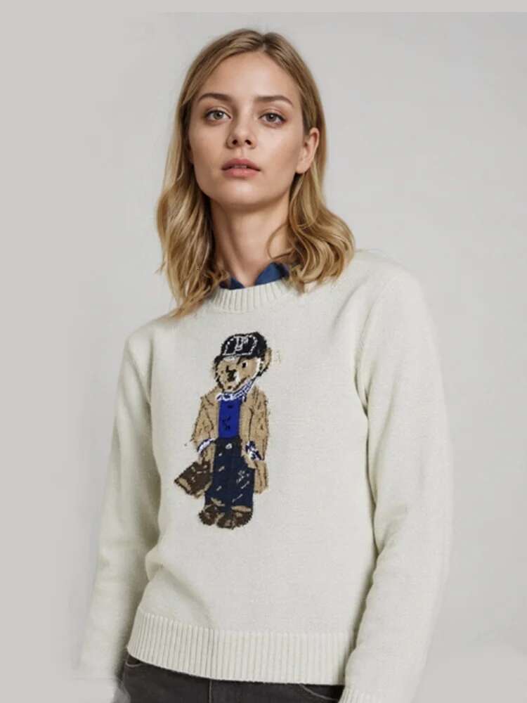 2024 Autumn Winter Women's Jacquard Bear Knit Pullover Sweater High Quality Women Vintage Round Neck Long Sleeve Knitwear Tops