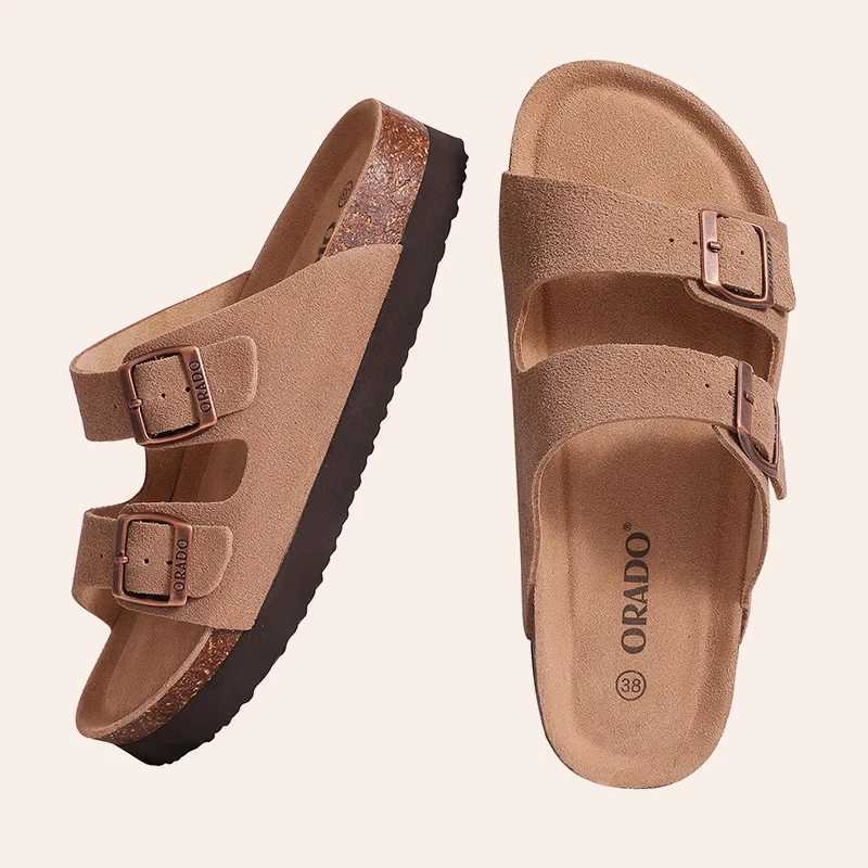 Comwarm Classic Cork Slippers For Women New Fashion Suede Flats Sandals Summer Couple Beach Slides Shoes With Adjustable BuckleC250408