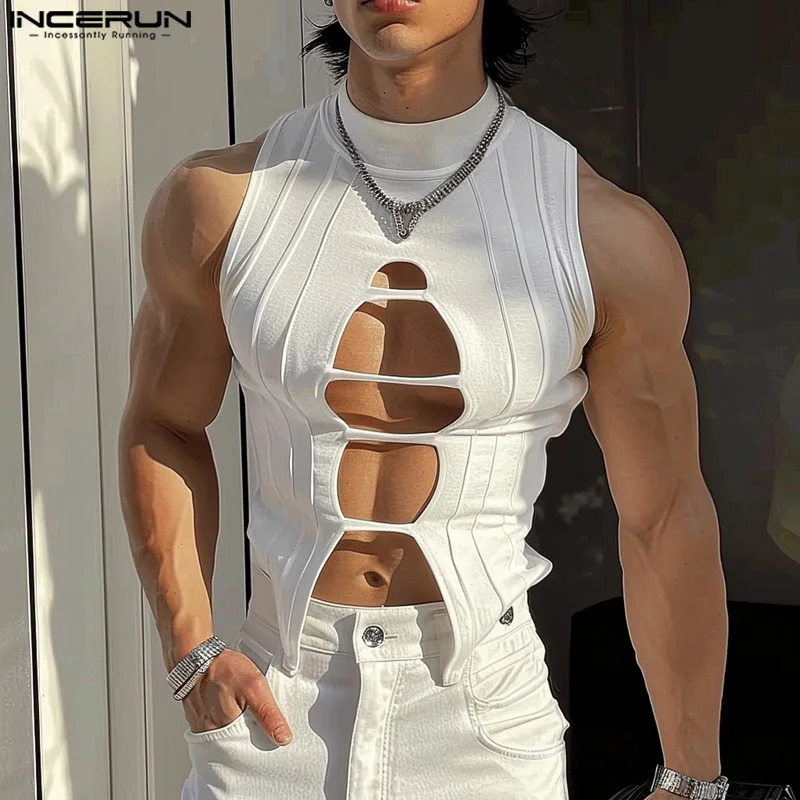 Fashion Club Clothing Style Top INCERUN Mens Hollow Half High Neck Knitted Tank Top Fashion Mens Sleeveless Solid Tank Top S-5XL 250403