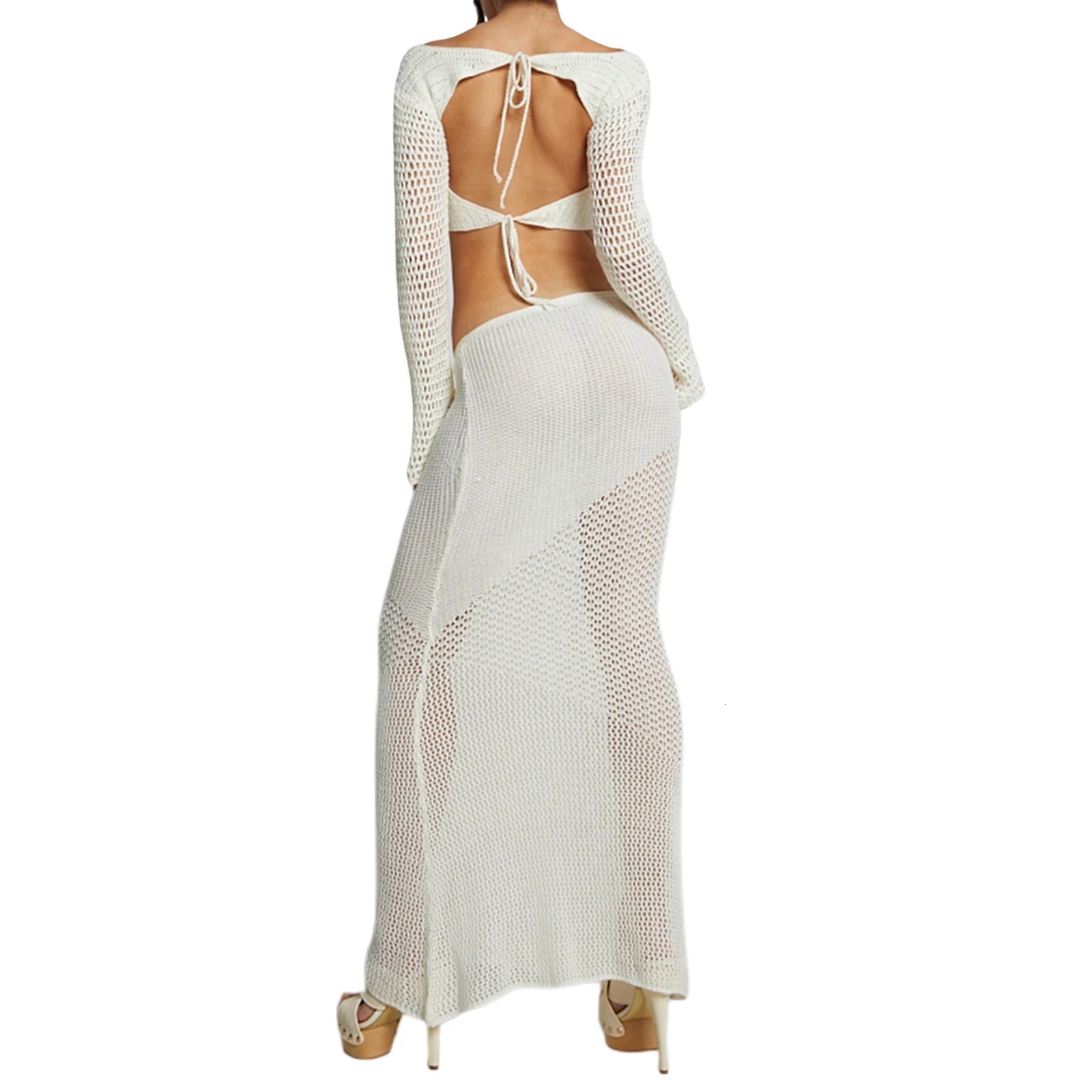 Womens Solid Color Sexy 2PCS Clubwear Set Long Sleeve TopWhite Long Sleeve Knitted Dress 250401