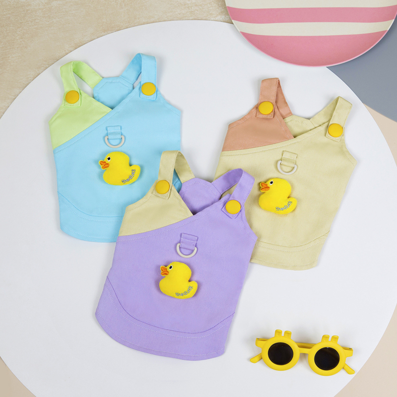Dog Denim Vest Dress Double Color Puppy Fashion Jean Shirt with Yellow Duck Decoration for Small Dog Girl Stylish Costume Chihuahua Yorkie Pomeranian 
