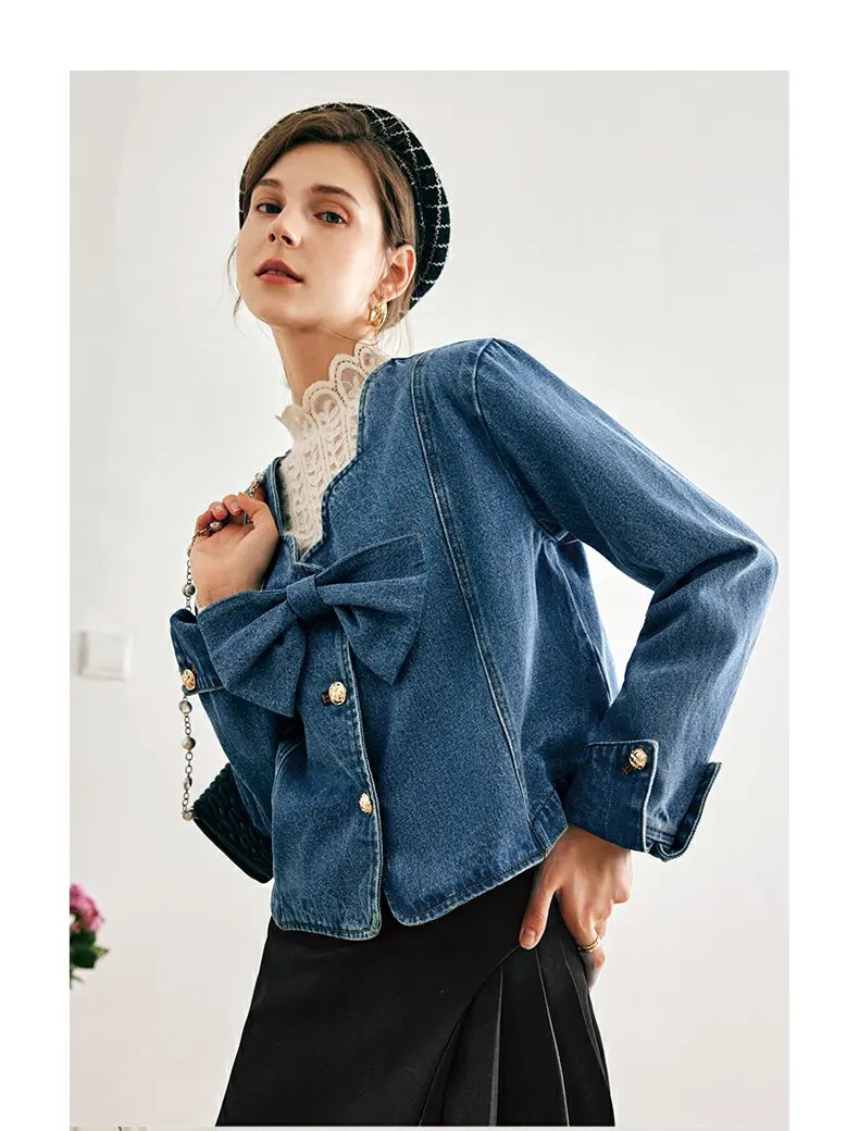 OLrain denim womens jacket spring cotton Petal collar metal bow long sleeved retro O22QW65202 250407