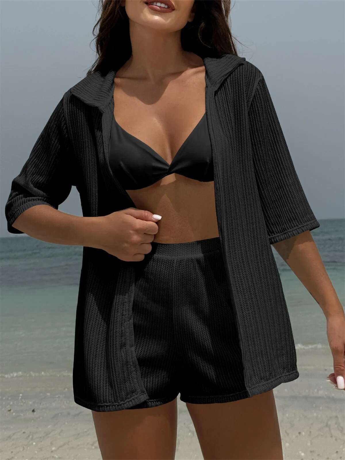Dongdumaoyi Summer Piece Bikinis Sets Women Black White Mesh Half Sleeve Cover Up With High Waist Panties Swimsuit Bathing Suit Swimwear