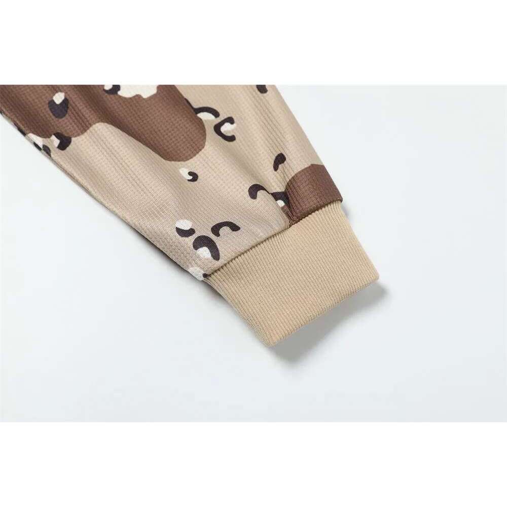 Camouflage Waffle Texture Long T-Shirt Mens Letter Print Spring High Street V-Neck Loose Raglan Sleeve Jersey Men