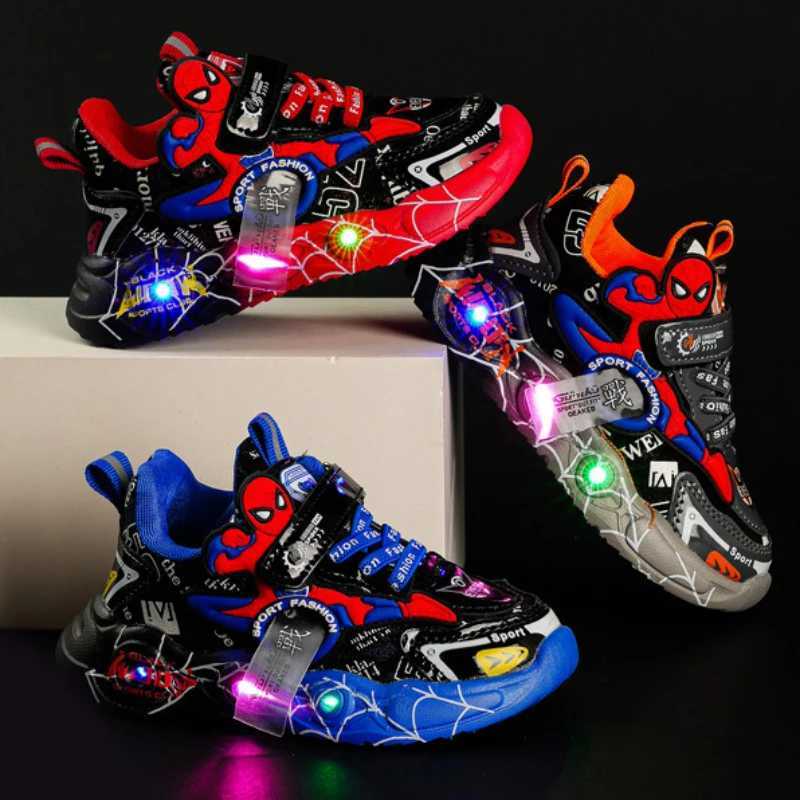 LED casual sports shoes red black suitable for Spring Boys Spiderman outdoor sports shoes childrens light non slip shoes size 21-30 W250407