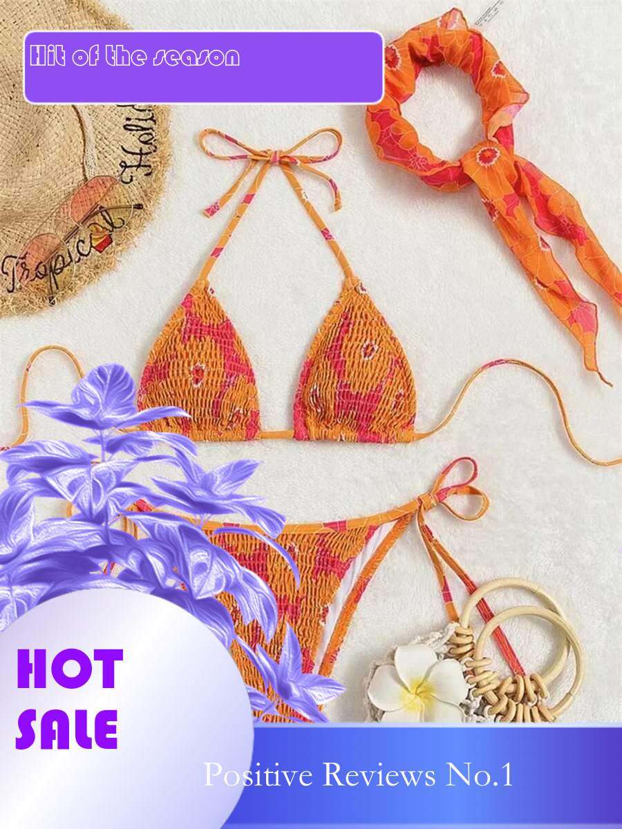 Dongdumaoyi Sexy Band Piece Bikini Set Women Orange Floral Print Pleate Push Up Micro Swimwear Bathing Suit Tie Side Thong Swimsuit