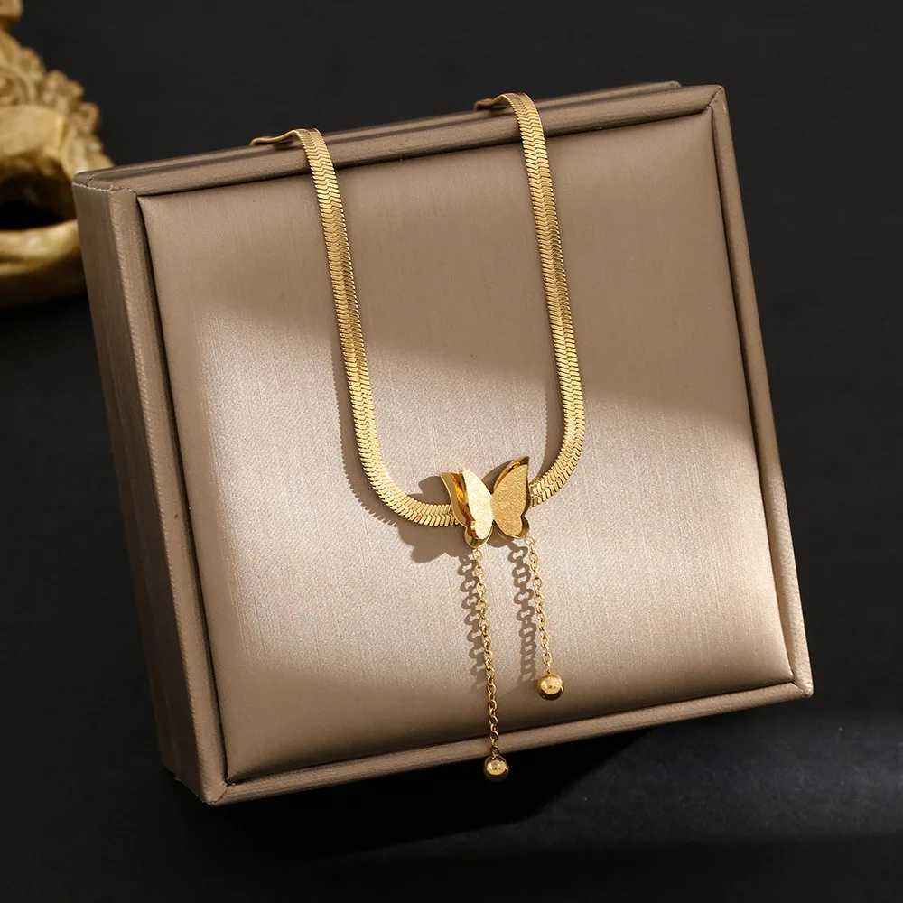 316L Stainless Steel Gold-plated Frosted Butterfly Pendant Snake Bone Chain Tassel Necklace Earring Jewelry Set Y250408
