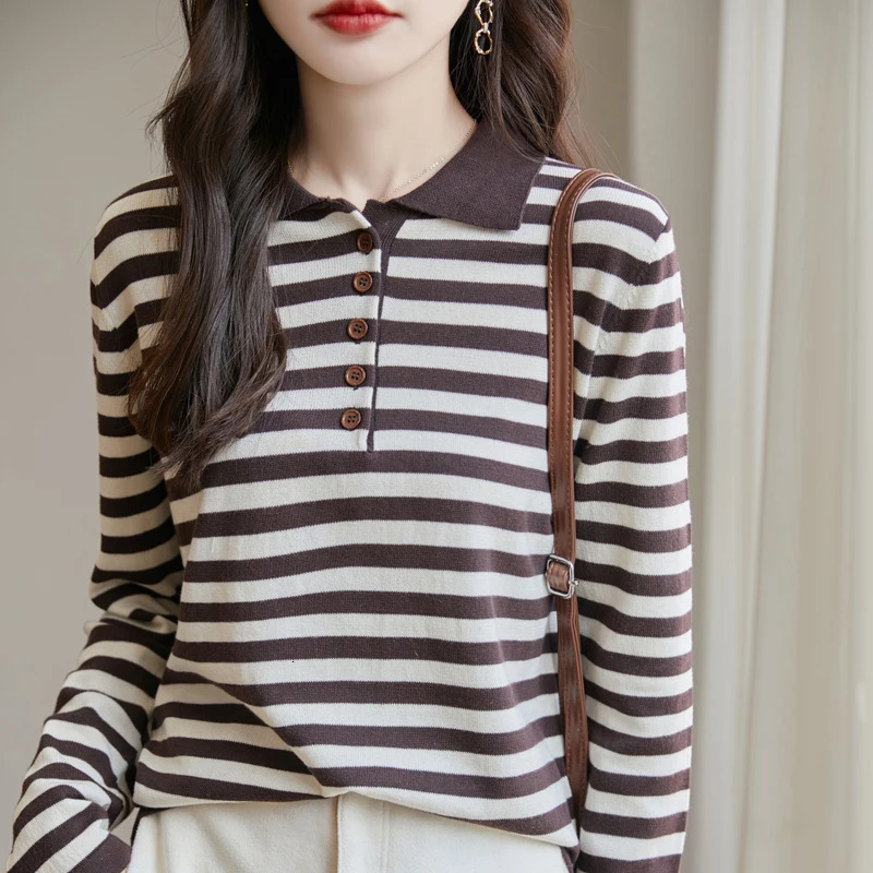 Fashion Lapel Button Spliced Striped Polo Shirts Female Clothing Autumn Winter Loose Korean Tops Casual Tee Shirt 250408