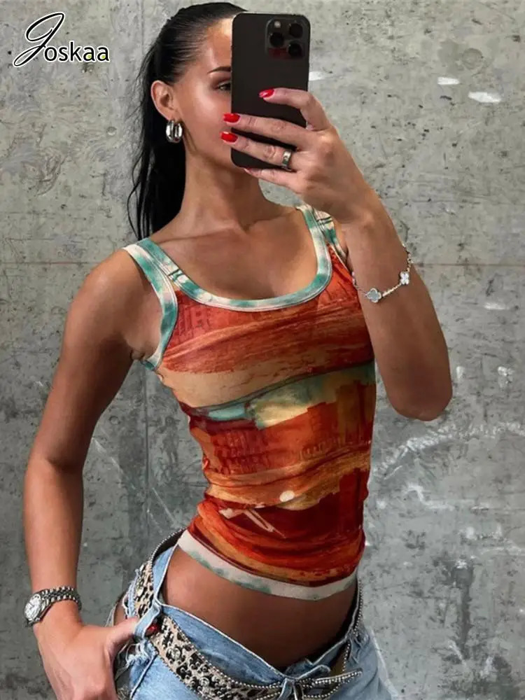 Joskaa Fashion 3D Printed Mesh Y2K Camisole Women Trend Summer O-Neck Sleeveless Slim Crop Tank Tops Graphic Tees Streetwear 250407