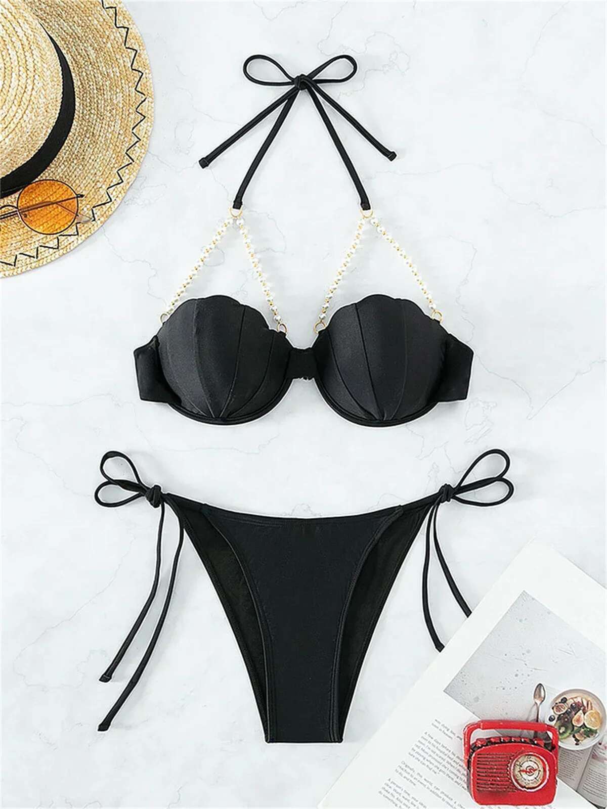 Dongdumaoyi Sexy Shell Shape Underwire Bikini Tie Side Thong Bikinis Swimwear Women Black Pearls Strap Push Up Bathing Suit Swimsuit