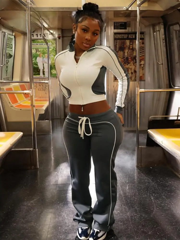 Joskaa Patchwork Sporty Gym Set Women Casual Sleeve Zip Crop Jacket And Drawstring Long Pants Matched Street Tracksuits