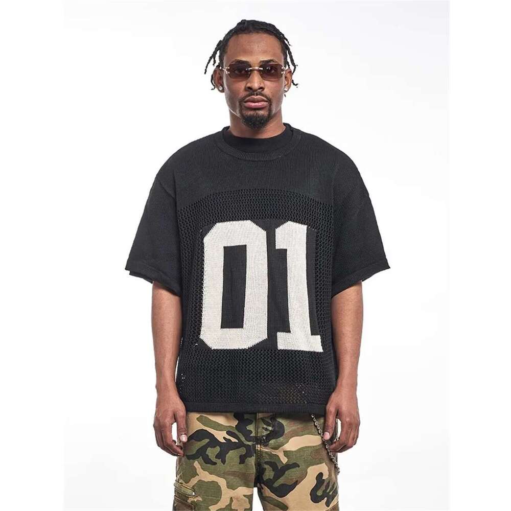 Hollow Out Letter Jacquard Knitted T-Shirt Mens Summer High Street Loose Crew Neck Half-Sleeve Breathable Tee Men