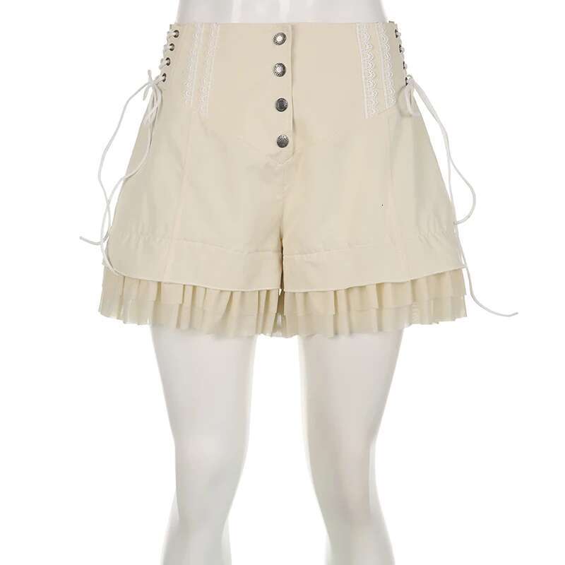 IAMHOTTY Sweet Mesh Tiered Ruffle Skirts Khaki Wide Form Side Bandage Cute Hot Pants Lolita Style Soft Girls Shorts Y2k