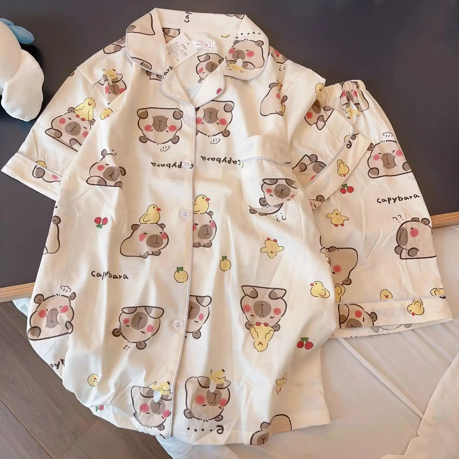 Capybara Girls Pajama Set 2025 Summer Children Cartoon Printed Lapel Short Sleeve Shorts 2pcs Air Conditioning Clothes Sleepwear 250408