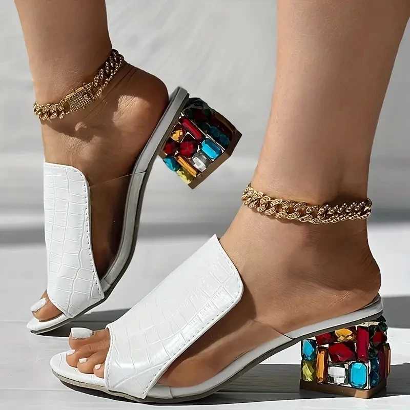 Womens Crystal Sandals 2024 Spring/Summer Open Toe Sandals Square High Heels Beach Fi Sandals Womens Sandals De MujerXJ250407
