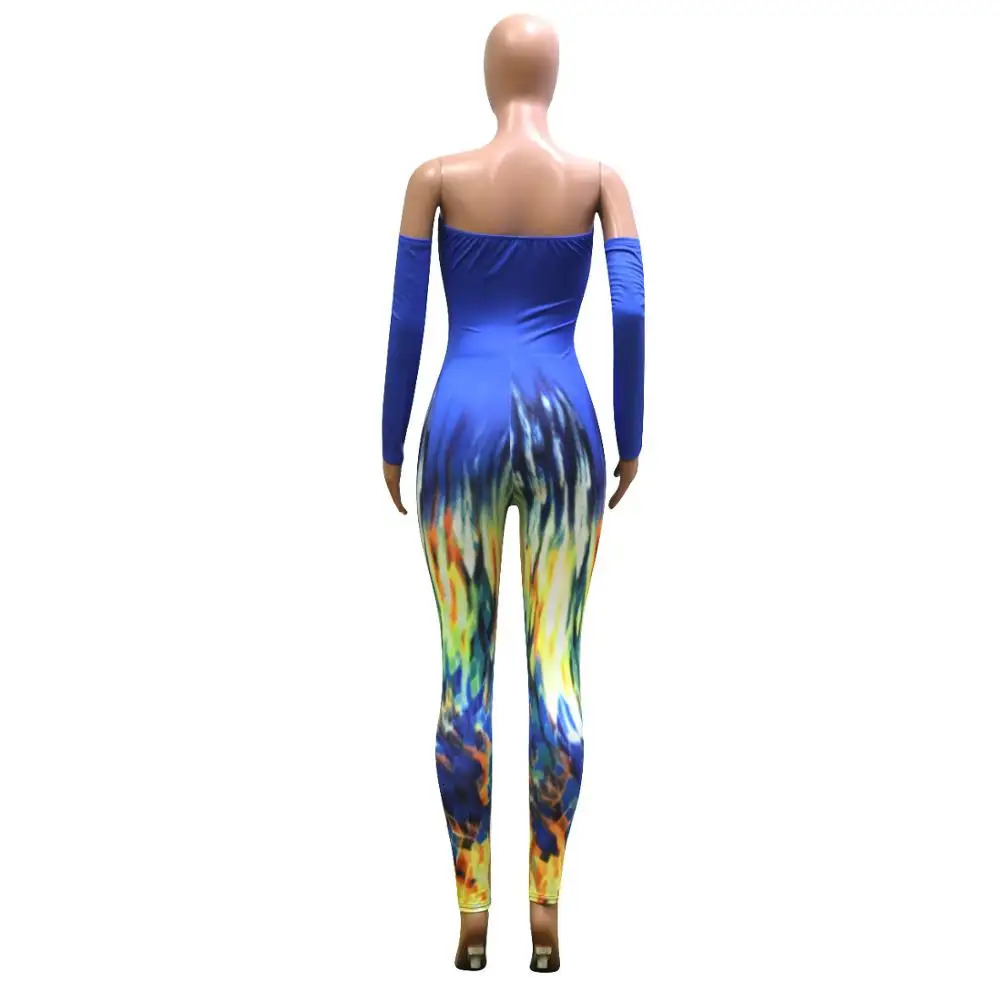 BKLD Clubwear Sexy Women Off The Shoulder Print Jumpsuits Autumn Women Tie Dyeing Bow Hollow Out Bodycon Bodysuits 250407