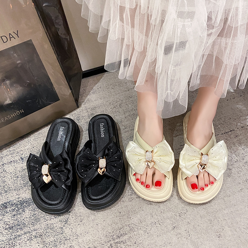 Ladies 2025 summer muffin bottom high appearance level all match slippers outside to wear a thick bottom bow one line female slippers