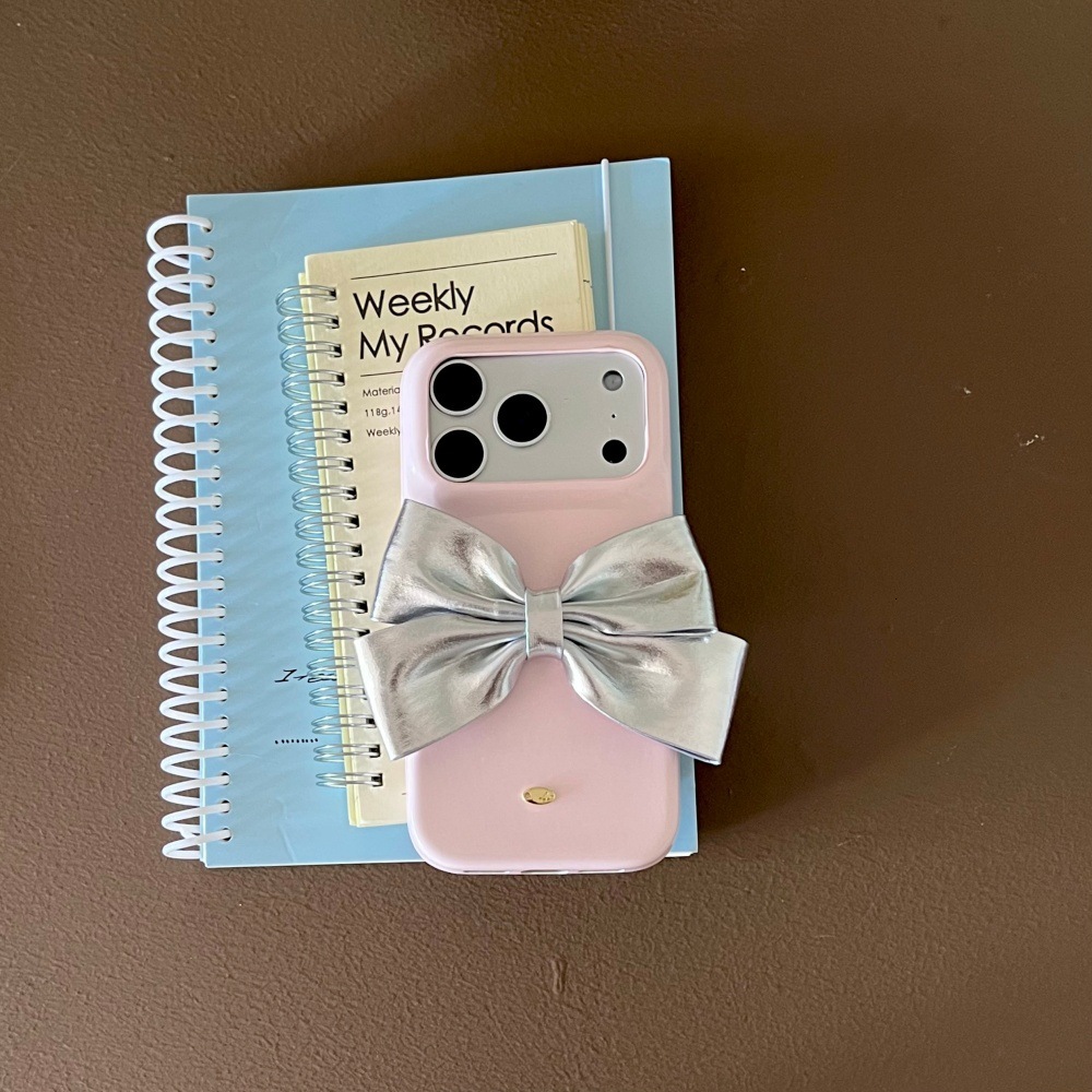 Leather Pink Bowknot Phone Case Compatible with iPhone 17 Pro Max Simple Solid Color Case iPhone 16/15 Pro Cartoon