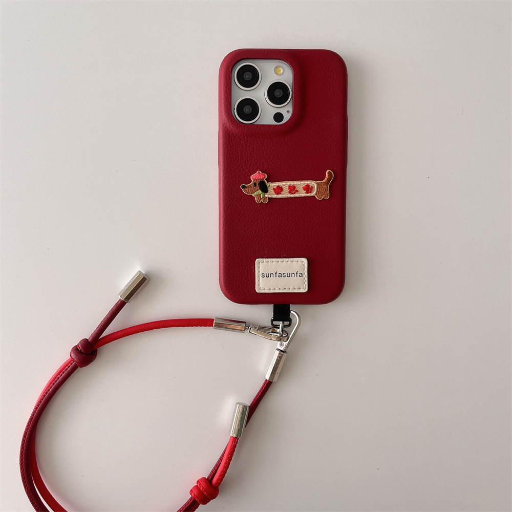 INS Embroidered Two-tone Lanyard Phone Case Compatible with iPhone 17/16/15 Niche Leather Case iPhone 14/13 Pro
