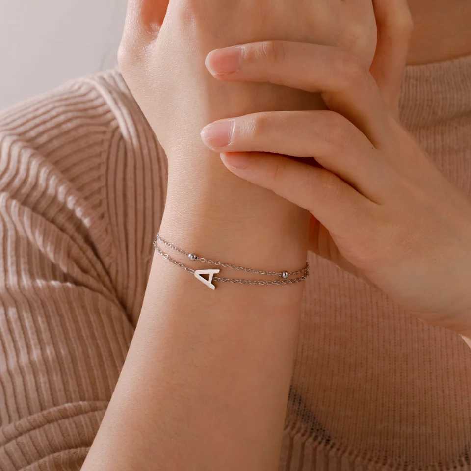 Cazador Stainl Steel Double Chains Bracelet for Wen Initial Letter A-Z bet Jewelry 2025 Bracelet on Hand Birtay GiftC250408