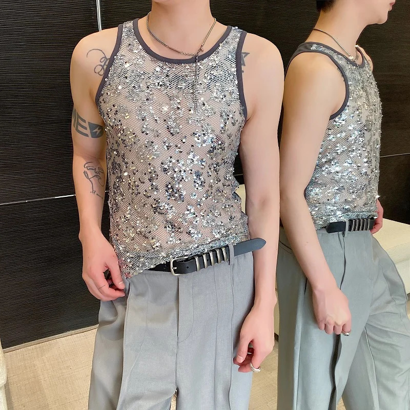 Fashionable mens sexy top with mesh sequins sparkling elastic tight fitting vest summer fashion nightclub stage tight fitting mens vest 250402