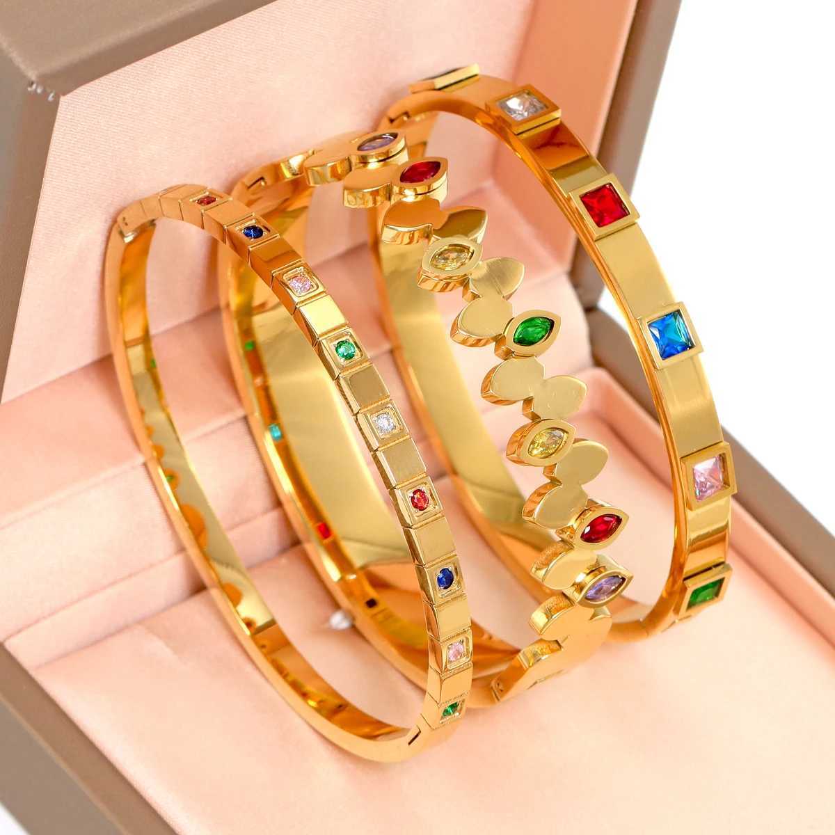 Fashionable waterproof stainless steel colored zircon bracelet suitable for womens daily wear birthday parties wedding jewelry gifts Y250408