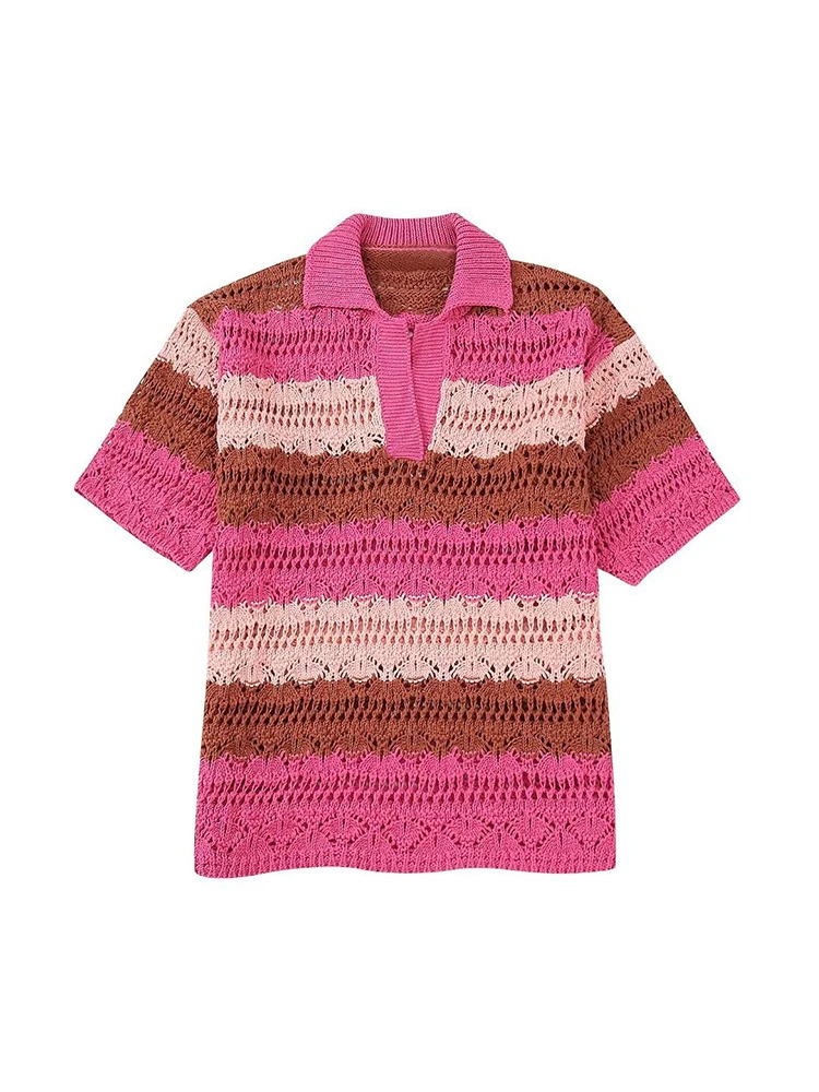 TRAFZA Womens Unique Knitted Striped Pink Sweet Two Piece Y2K Short Sleeve Polo T-shirt Fashion Leisure Street Mini Short Sleeve Holiday Set 250401