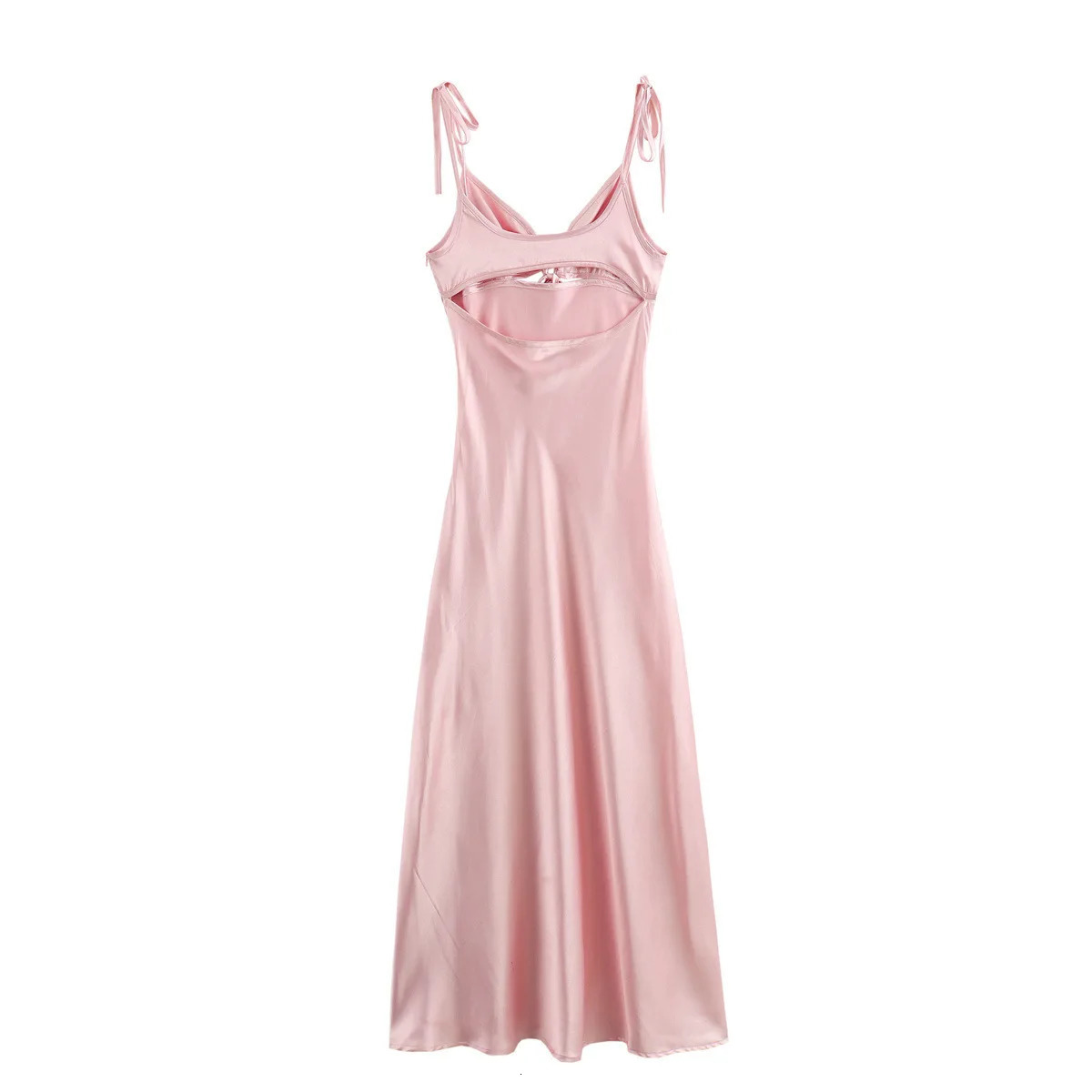 ZBZA Womens Sexy Satin Evening Dress with Folded Italian Noodles Shoulder Straps Ultra Thin Straps High Waist A-line Dress Spring/Summer Fashion Dress